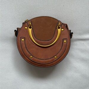 Brown Round Leather Crossbody Bag with Gold Accent